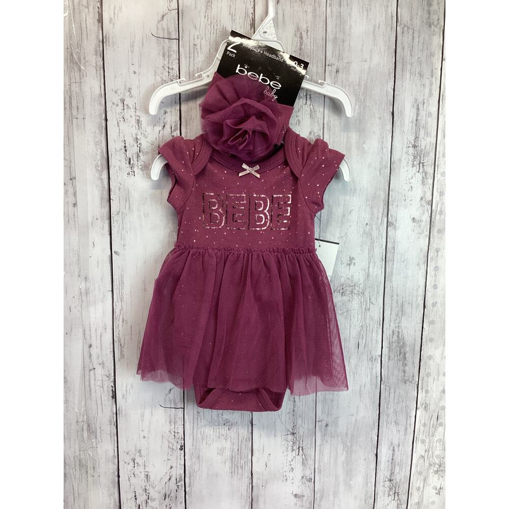 Bebe 0-3 Months Baby Clothing Purple 2 Pack Bodysuit + Headband Girls
